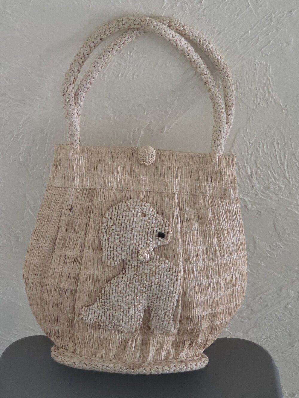 Vintage Poodle Raffia Bag, Made In Japan